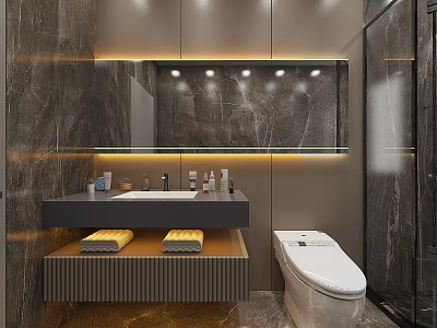 Modern Bathroom Vanity With Marble Wall Mirror Lighting And Yellow Towels 3d model