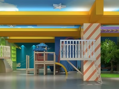 Indoor Playground Wooden Play Equipment Yellow Beams Blue Walls White Railings Cloud Ceiling Green Tree 3d model