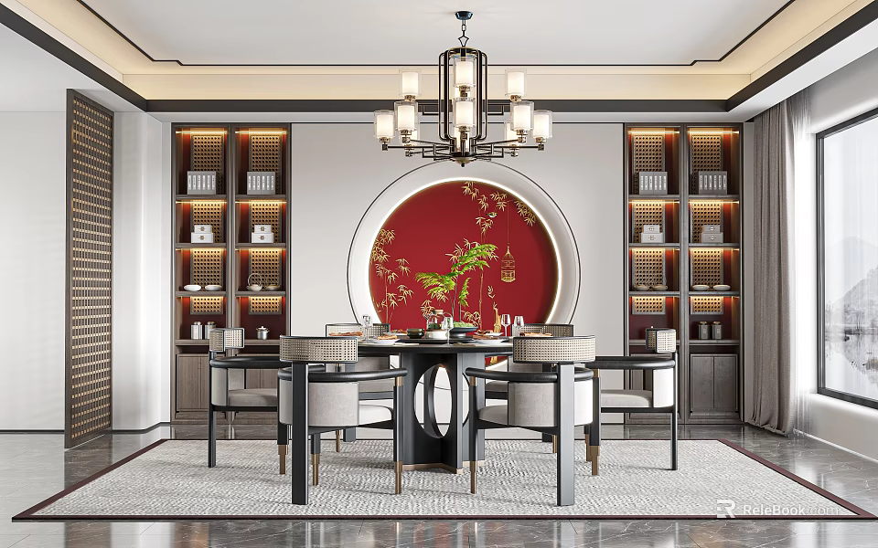 Chinese Restaurant Interior Design With Circular Red Wall Plum Blossom Chandelier And Wooden Bookshelves 3d model 