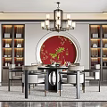 Chinese Restaurant Interior Design With Circular Red Wall Plum Blossom Chandelier And Wooden Bookshelves
