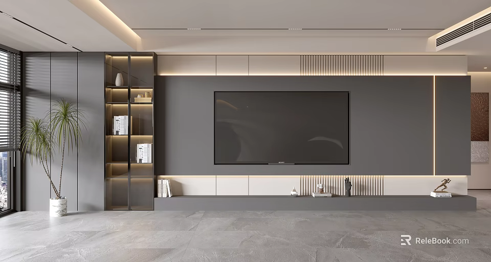 Modern Minimalist TV Wall Design With LED Lighting And Display Shelves 3d model 