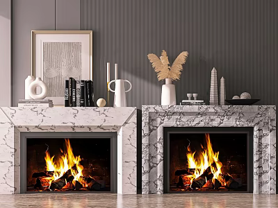 Marble Fireplaces With Burning Flames And Decorative Items On Mantel In Interior 3d model