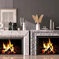 Marble Fireplaces With Burning Flames And Decorative Items On Mantel In Interior