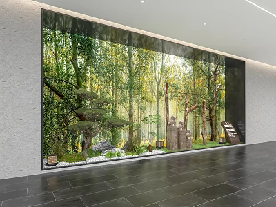 Natural Forest Themed Window Display With Trees Greenery Stones And Wooden Steps 3d model