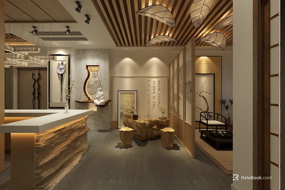 Traditional Tea House Interior Design With Wooden Furniture Decorative Paintings And Warm Lighting 3d model 