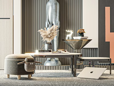 Elegant Modern Coffee Table With Silver Statue Pampas Grass Deer Ornament Laptop And Round Ottoman 3d model