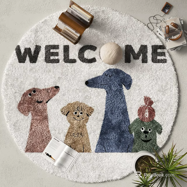 Round Carpet With Welcome Text And Cute Dog Patterns Design 3d model