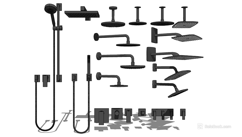 Variety of Handheld And Overhead Shower Heads with Mounts Hoses And Control Knobs 3d model 