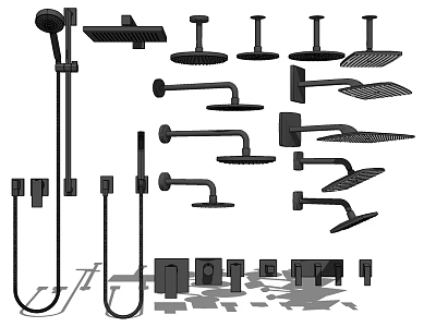 Variety of Handheld And Overhead Shower Heads with Mounts Hoses And Control Knobs 3d model