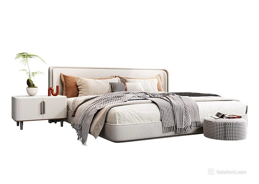 Modern Double Bed with Beige Brown Pillows Plaid Blanket White Nightstand Green Plant Checkered Ottoman 3d model 