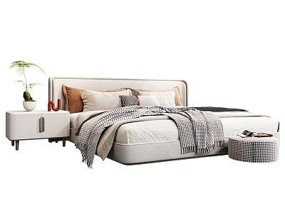 Modern Double Bed with Beige Brown Pillows Plaid Blanket White Nightstand Green Plant Checkered Ottoman 3d model