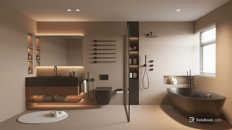 Modern Bathroom Interior Design With Bathtub Shower Vanity Mirror And Storage Cabinets 3d model 