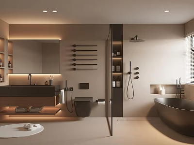 Modern Bathroom Interior Design With Bathtub Shower Vanity Mirror And Storage Cabinets 3d model