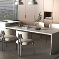 White Dining Table with Four Beige Chairs Wooden Cabinets Pendant Lights and Tabletop Fruits Plant