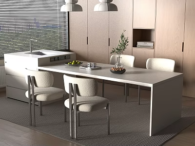 White Dining Table with Four Beige Chairs Wooden Cabinets Pendant Lights and Tabletop Fruits Plant 3d model