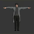 A Man Wearing Gray Long Coat Black Hat Glasses With Arms Outstretched Against Gray Background
