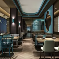 Modern Restaurant Interior With Wooden Walls Blue White Landscape Paintings Booth Seating And Pendant Lights