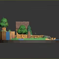 3D Miniature Scene Featuring Small House Brown Roof Green Trees Little Figure Path Rocks Water