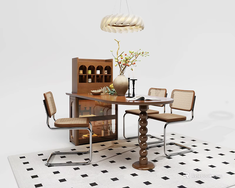 Wooden Dining Table Set with Chairs Wine Cabinet Pendant Light and Vase 3d model 