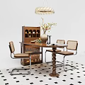 Wooden Dining Table Set with Chairs Wine Cabinet Pendant Light and Vase