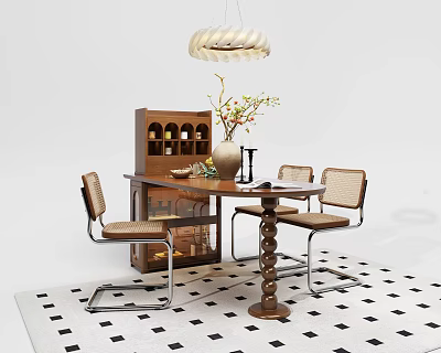 Wooden Dining Table Set with Chairs Wine Cabinet Pendant Light and Vase 3d model
