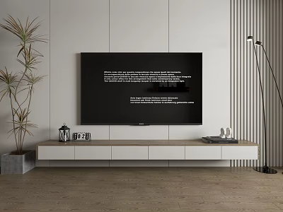 Modern Minimalist TV Stand With Storage Drawers Decorative Items Floor Lamp And Plant 3d model