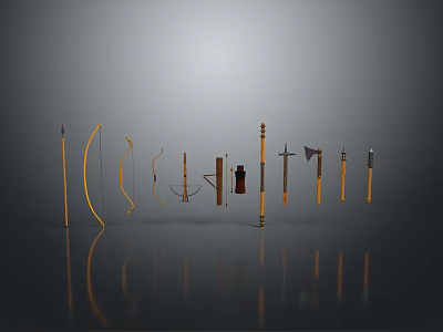 Various Golden Weapons Including Bow Arrows Axe And Sword On Grey Background With Reflections 3d model