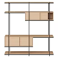 Modern Wooden Decorative Cabinet with Metal Frame Open Shelves Displaying Books Lamp Sculpture and Vase