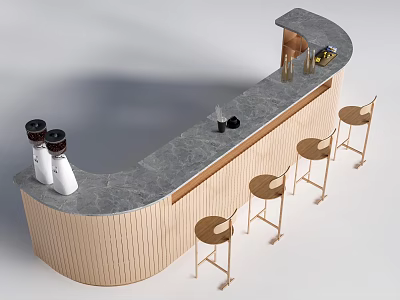Sleek Curved Bar Counter With Gray Marble Top Wooden Sides And Bar Stools 3d model