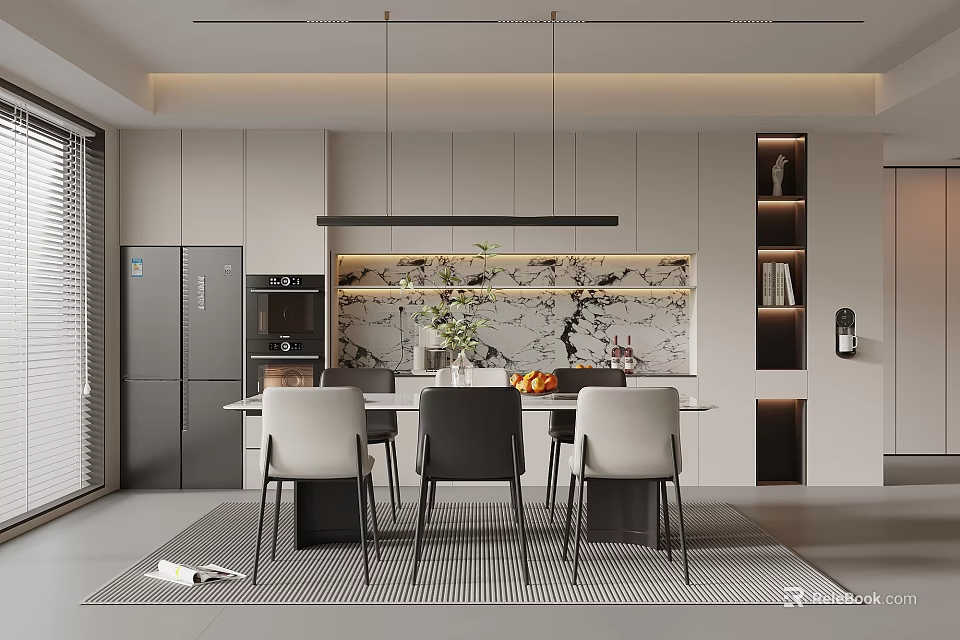 Modern Restaurant Interior With Open Kitchen Gray Cabinets Marble Backsplash Hanging Lights And Dining Table Chairs 3d model 
