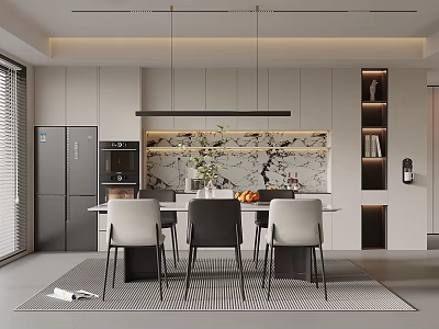 Modern Restaurant Interior With Open Kitchen Gray Cabinets Marble Backsplash Hanging Lights And Dining Table Chairs 3d model