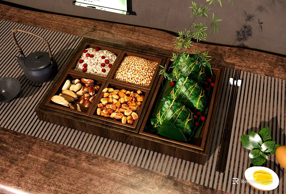 Chinese Traditional Decorative Ornament Set with Wooden Tray Nuts Zongzi Bamboo and Tea Set 3d model 
