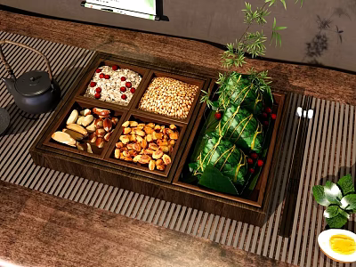 Chinese Traditional Decorative Ornament Set with Wooden Tray Nuts Zongzi Bamboo and Tea Set 3d model