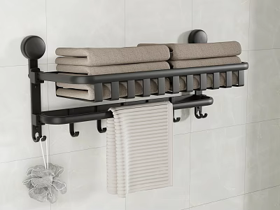 Bathroom Wall Mounted Towel Rack With Folded Towels Hanging Hooks And Loofah 3d model