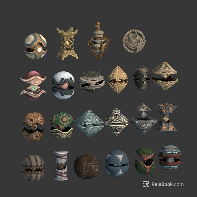 Ancient Decorative Weapons With Various Geometric Shapes And Intricate Patterns 3d model