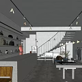 Modern Clothing Store Interior With Staircase Counter Table And Clothes On Display Racks