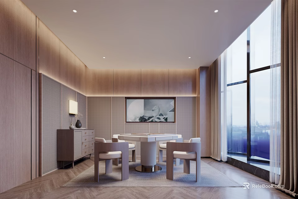 Modern Entertainment Room Interior With Wooden Design Large Windows Round Dining Table And Chairs 3d model 