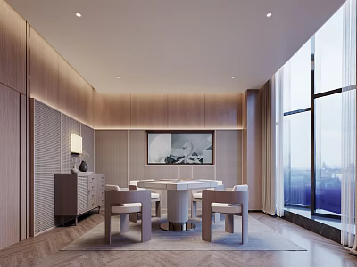 Modern Entertainment Room Interior With Wooden Design Large Windows Round Dining Table And Chairs 3d model