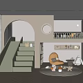 Modern Kids Room Interior With Slide Staircase Loft Bed Arched Design And Circular Decor