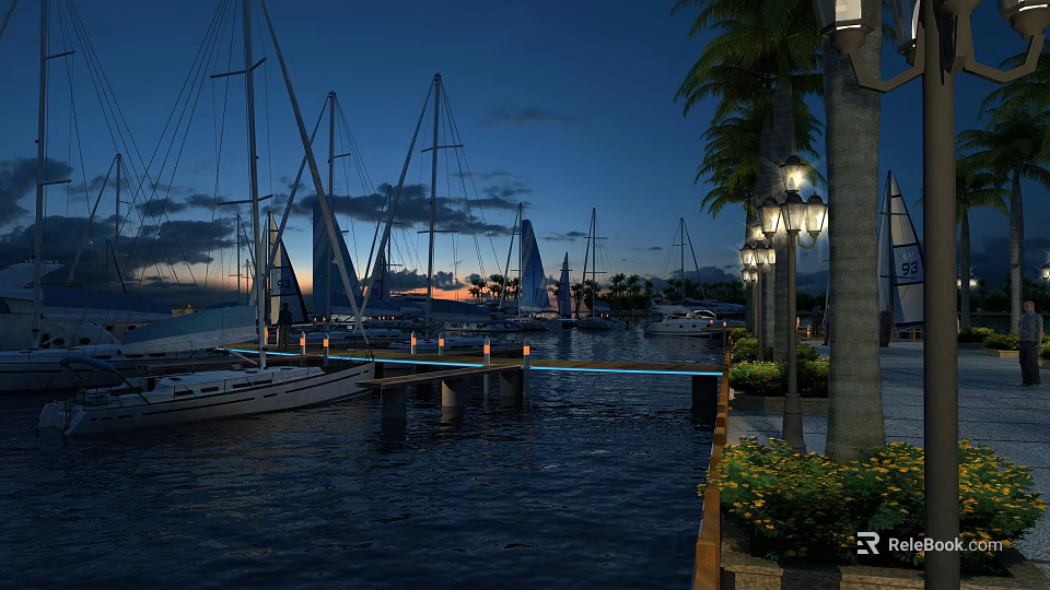 Scenic Evening Marina Landscape With Sailboats Palm Trees And Lit Street Lamps 3d model 