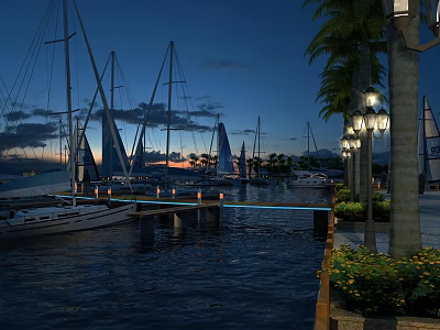 Scenic Evening Marina Landscape With Sailboats Palm Trees And Lit Street Lamps 3d model