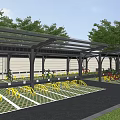 Bicycle Parking Area With Black Metal Canopy Checkerboard Pattern Floor And Surrounding Trees
