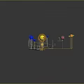 Golden Sun Model With Orbiting Blue And Red Spheres Mechanical Frames And Yellow Lines