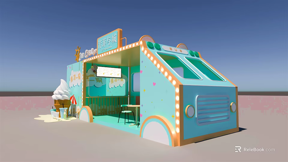 Colorful Ice Cream Stand With Light Blue Orange Decor And String Lights 3d model 