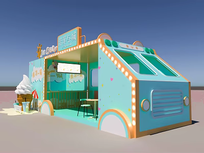 Colorful Ice Cream Stand With Light Blue Orange Decor And String Lights 3d model