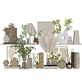 Decorative Ornament Set With Ceramic Vases Green Foliage And Dried Pampas Grass Candle Holders
