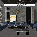 Modern Living Room Interior With Blue Sofas Accent Chairs Coffee Table TV And Chandelier