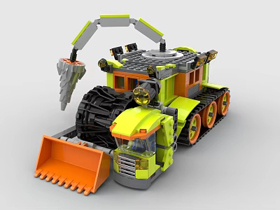 Building Blocks Construction Vehicle Yellow Green Gray Bulldozer with Shovel Tracks Mechanical Arm 3d model