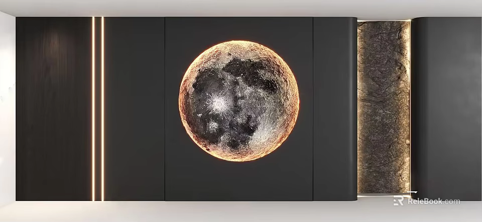 Modern Dark Wall Backdrop With Realistic Glowing Moon Design And Textured Panels 3d model 