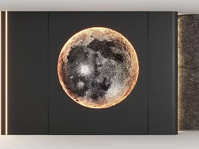 Modern Dark Wall Backdrop With Realistic Glowing Moon Design And Textured Panels 3d model